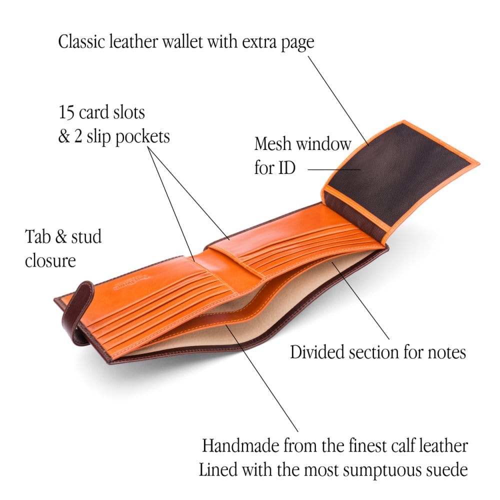 Leather wallet with tab closure, brown with orange, features
