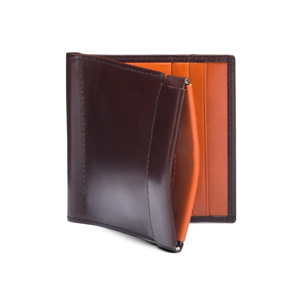 Leather money clip wallet with coin purse, brown with orange, front