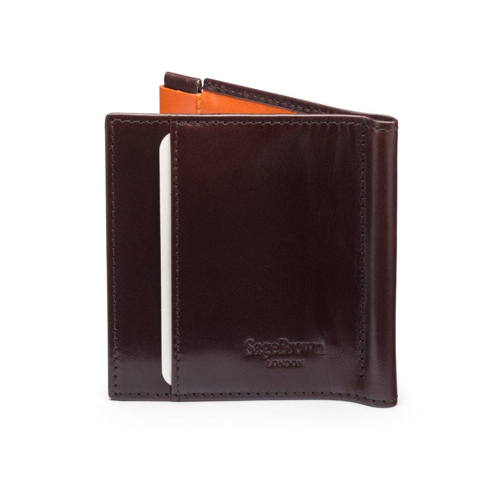 Leather money clip wallet with coin purse, brown with orange, back