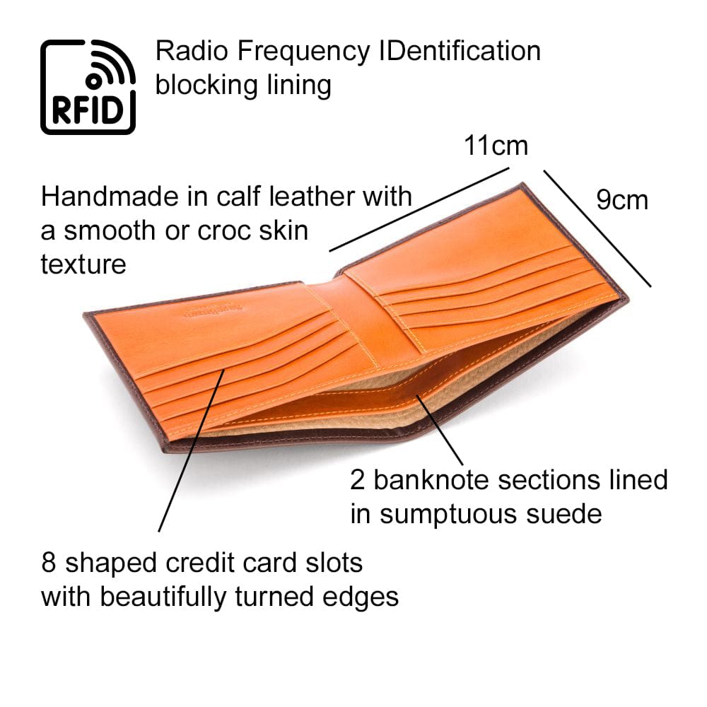 RFID leather wallet for men, brown with orange, features