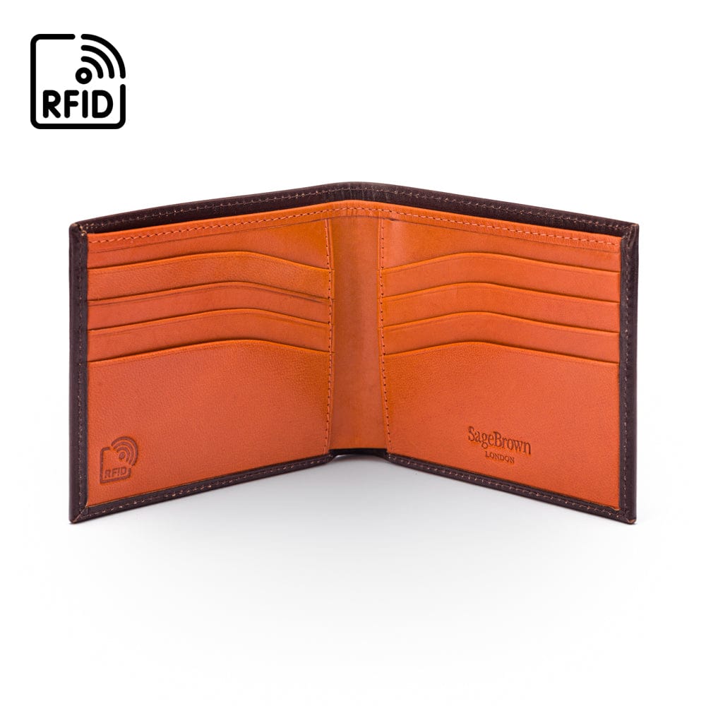 RFID leather wallet for men, brown with orange, open view