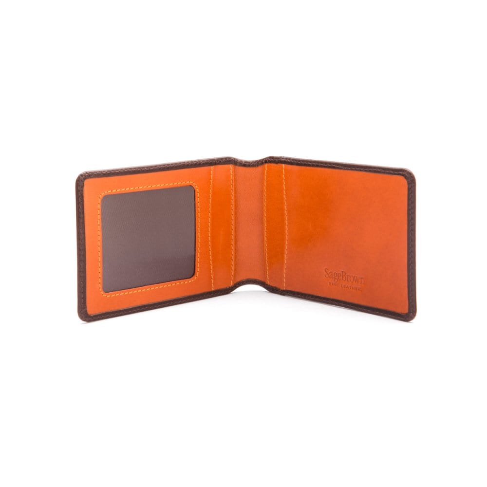 Leather travel card wallet, brown with orange, open