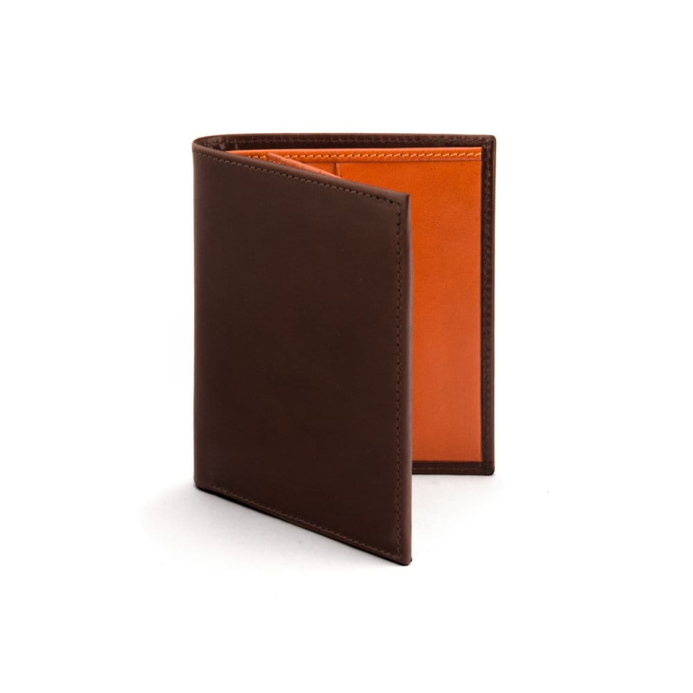 Leather wallet with 9 CC and ID, brown with orange, front