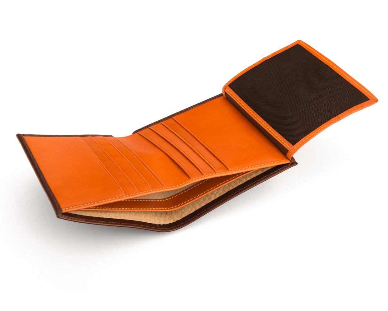 Leather wallet with 9 CC and ID, brown with orange, inside