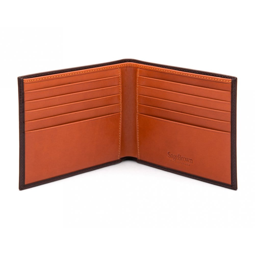 Men&#39;s leather billfold wallet, brown with orange, open