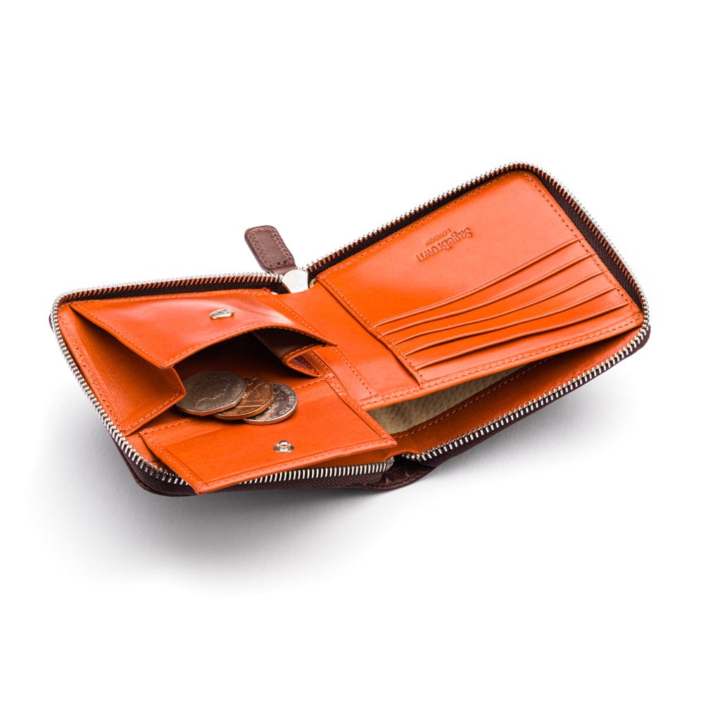 Men's leather zip wallet with coin purse, brown with orange, inside