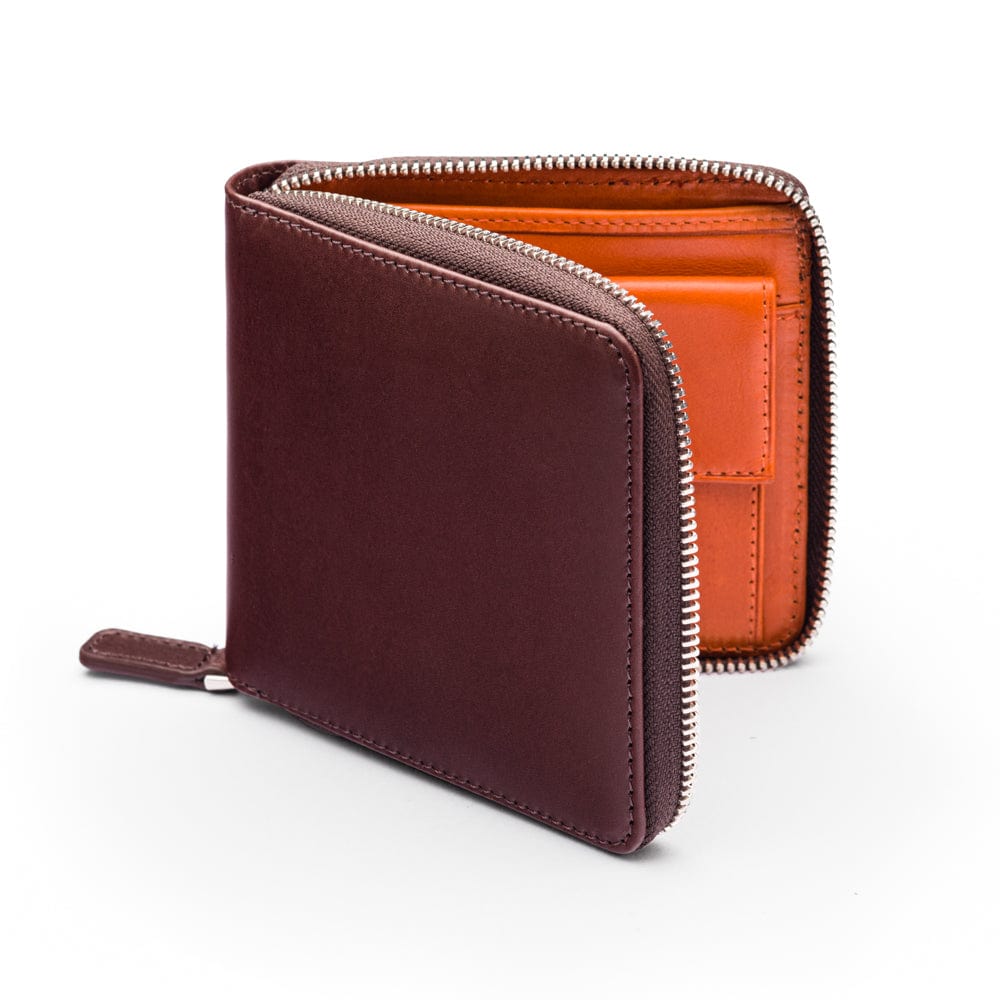 Men's leather zip wallet with coin purse, brown with orange, front view