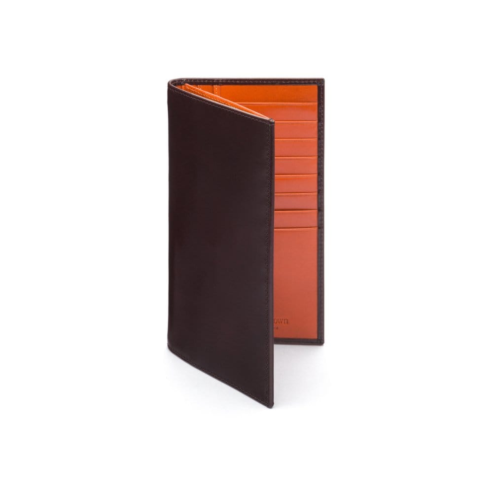 Men's tall leather wallet with 24 CC, brown with orange, front