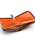 Men's leather wallet with zip around closure, brown with orange, inside