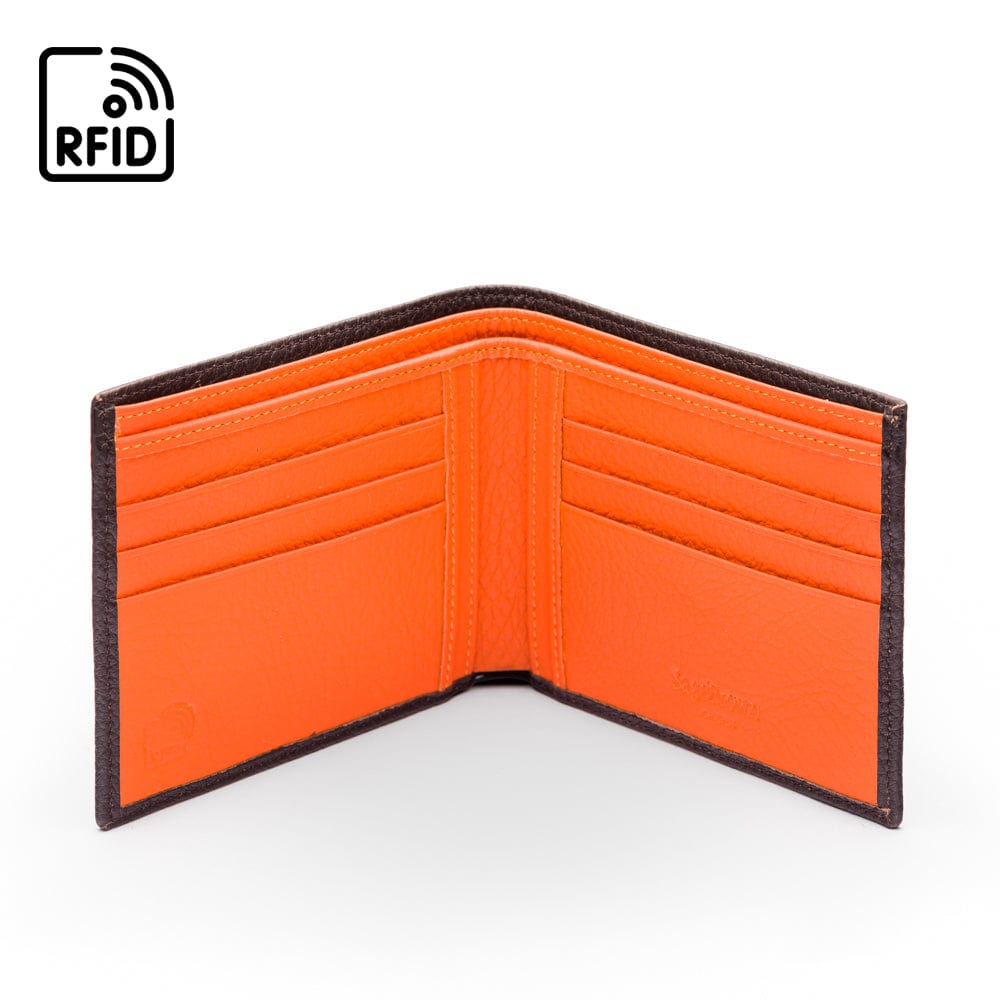 RFID wallet, brown with orange, open