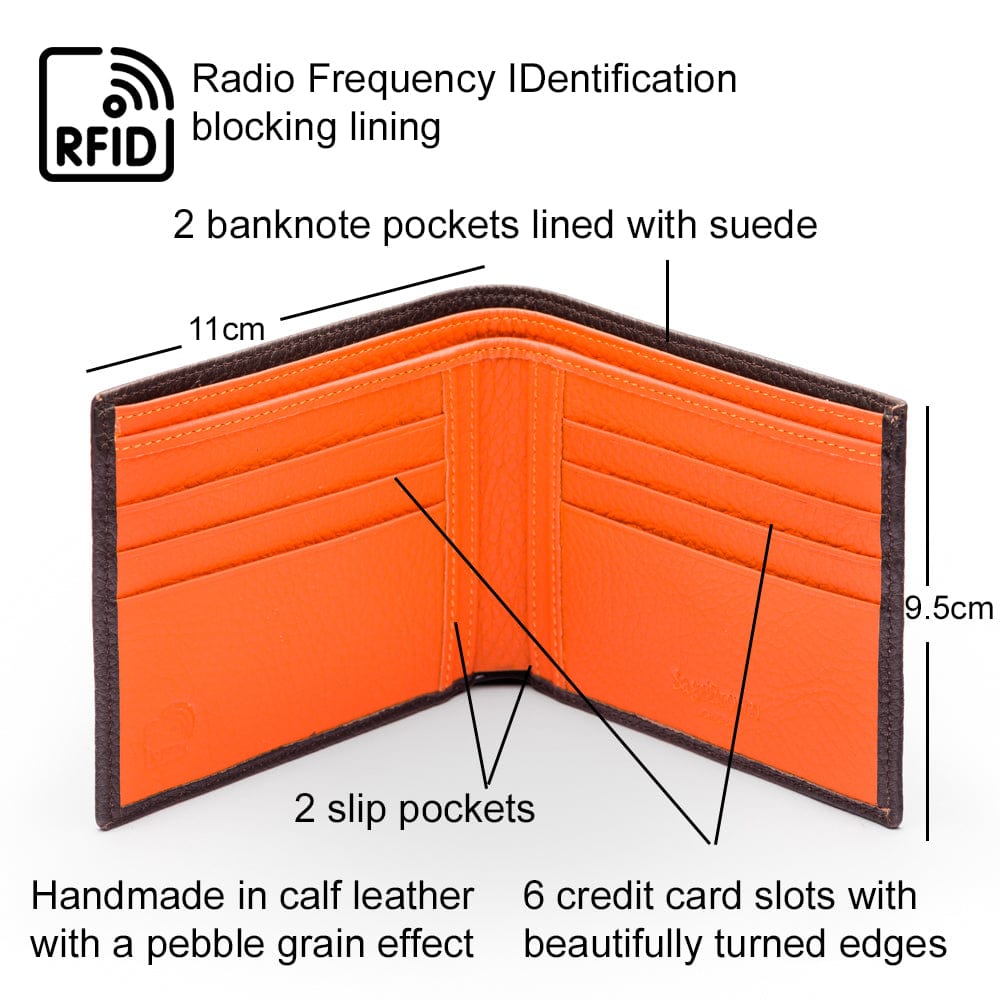 RFID wallet, brown with orange, features