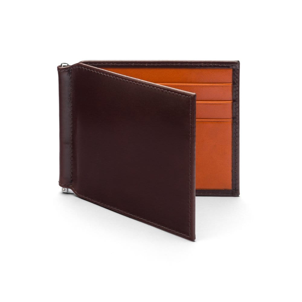 Brown With Orange Compact Leather Wallet With Money Clip