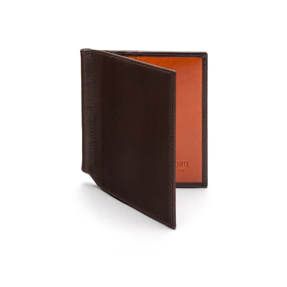 Brown With Orange Compact Leather Money Clip Wallet