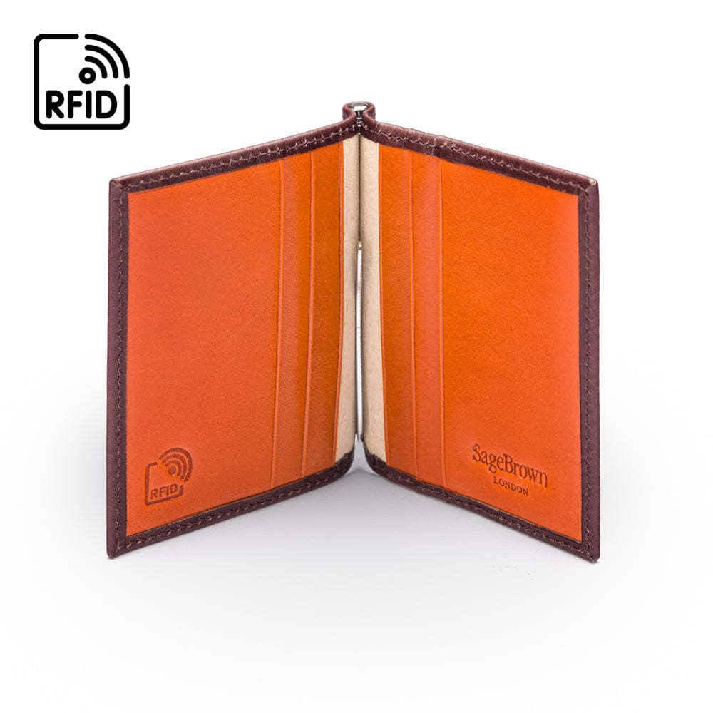 Clip wallet for men, brown with orange, inside view