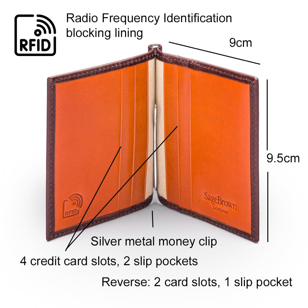 Clip wallet for men, brown with orange, features