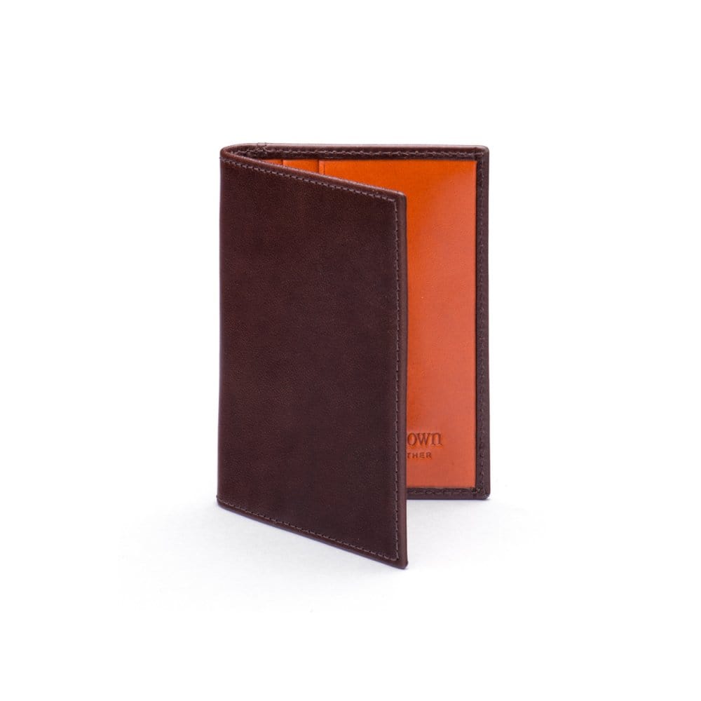 RFID leather credit card wallet, brown with orange, front