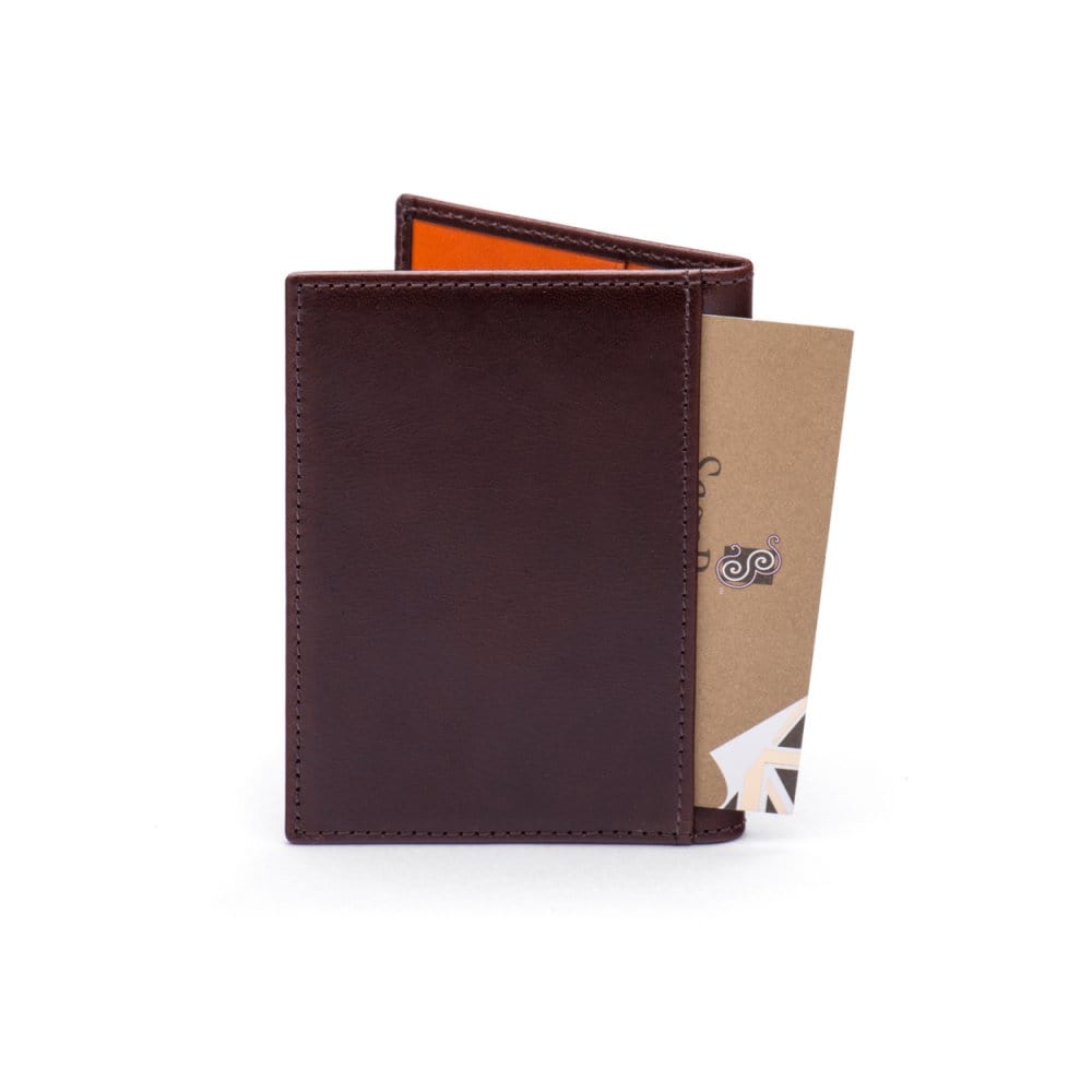 RFID leather credit card wallet, brown with orange, back