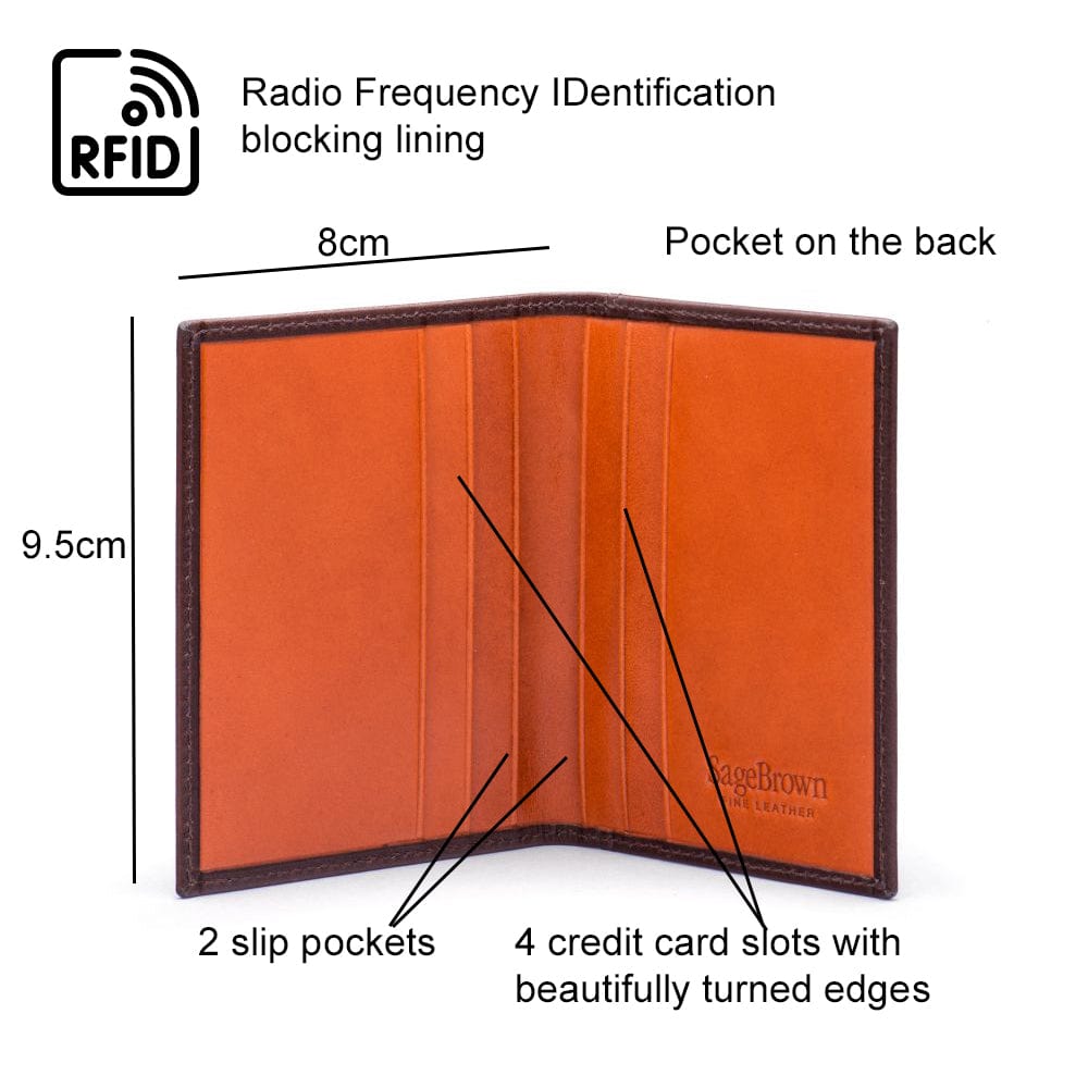RFID leather credit card wallet, brown with orange, features