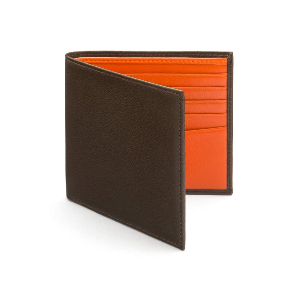 Soft leather wallet with RFID blocking, brown with orange, front