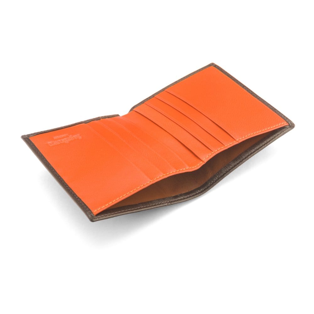 Leather compact billfold wallet 6CC, brown with orange, inside