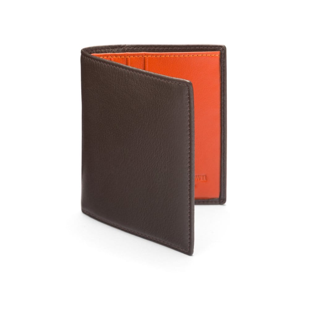Leather compact billfold wallet 6CC, brown with orange, front