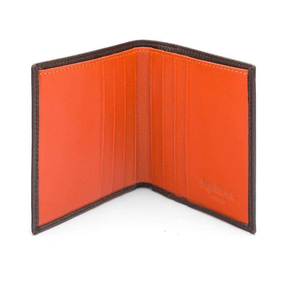 Leather compact billfold wallet 6CC, brown with orange, open