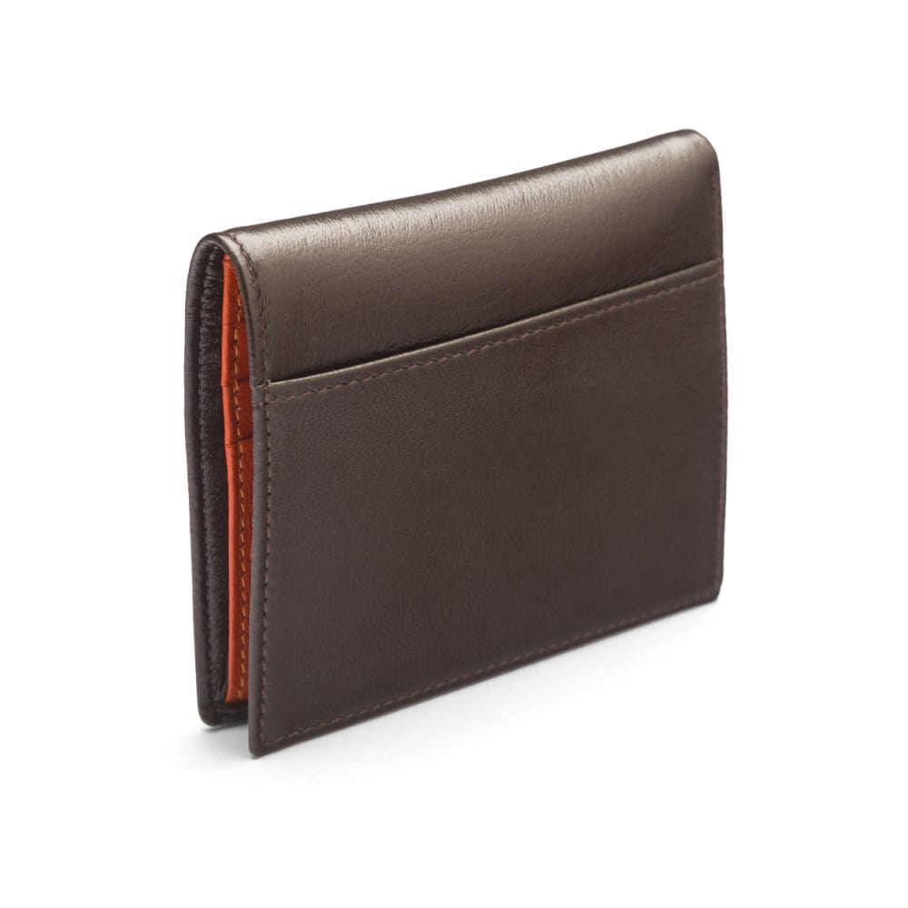 Leather compact billfold wallet 6CC, brown with orange, back