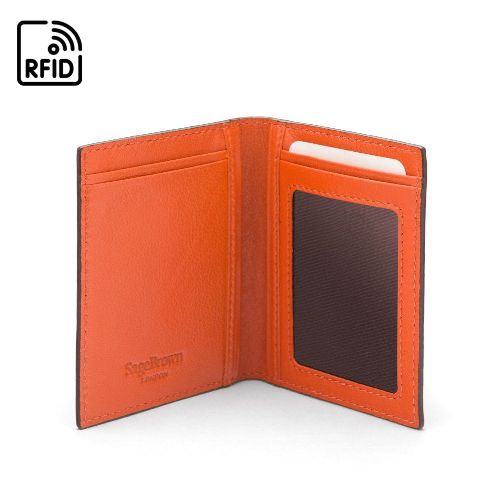 RFID Credit Card Wallet in brown with orange leather, inside view