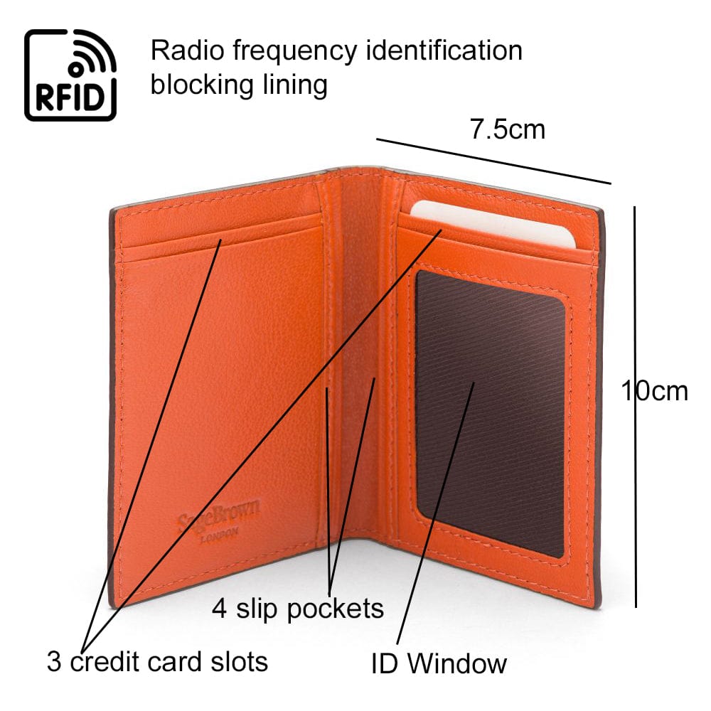 RFID Credit Card Wallet in brown with orange leather, features
