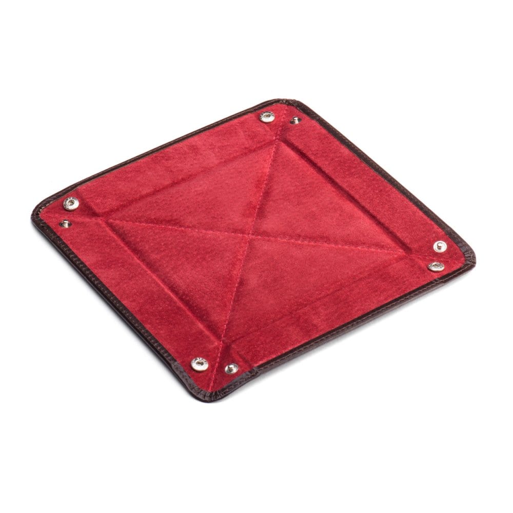 Leather valet tray, brown with red, flat
