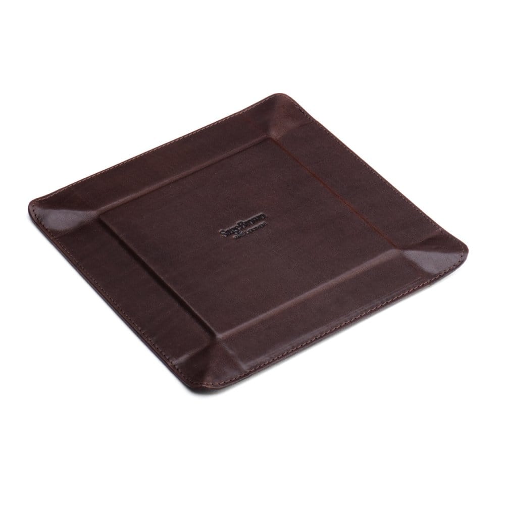 Leather valet tray, brown with red, flat base