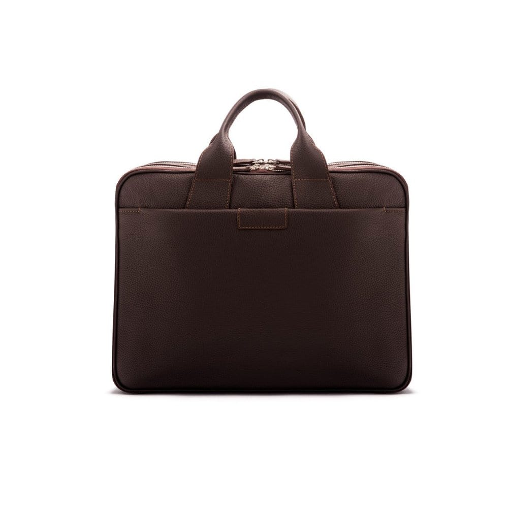 15" leather laptop briefcase, brown pebble grain, front