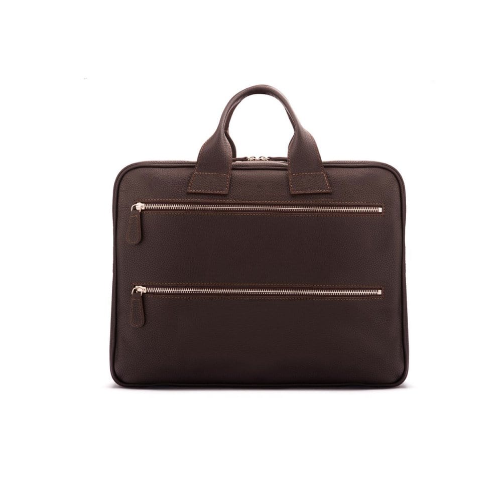 15" leather laptop briefcase, brown pebble grain, back view