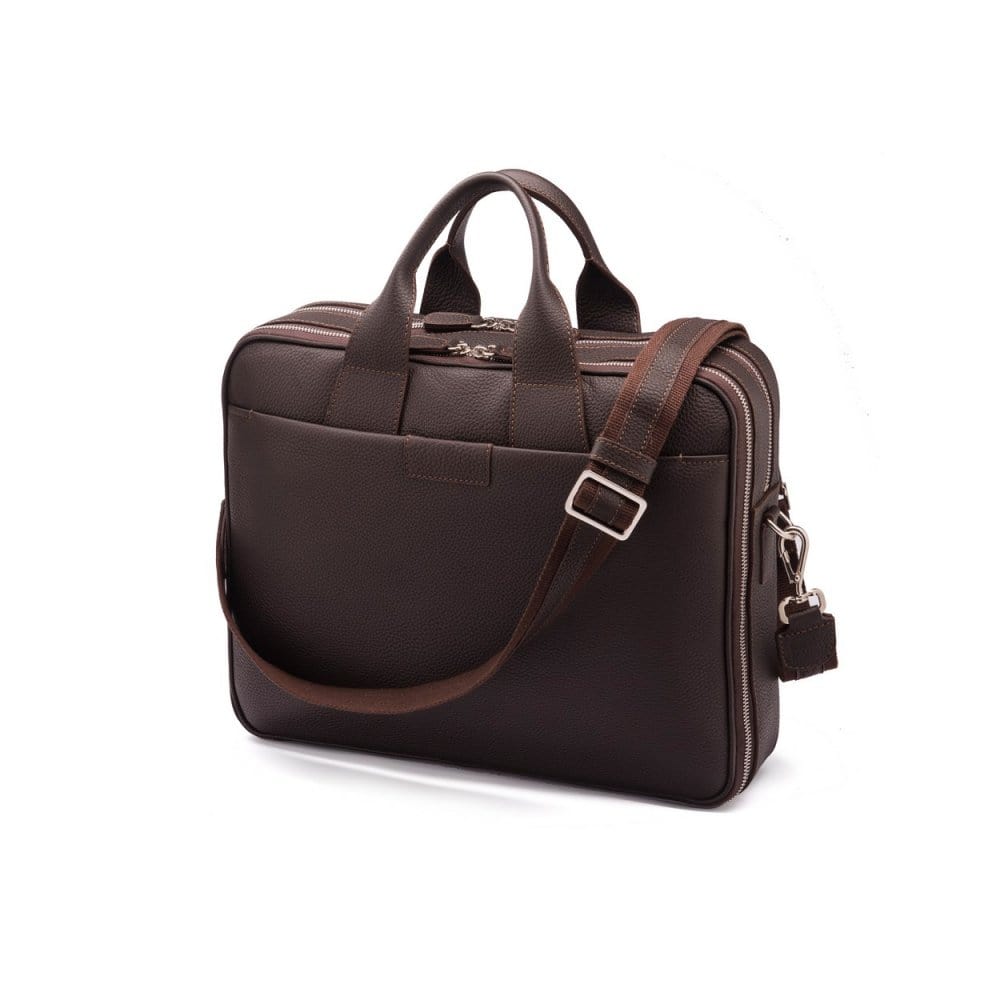15" leather laptop briefcase, brown pebble grain, with shoulder strap