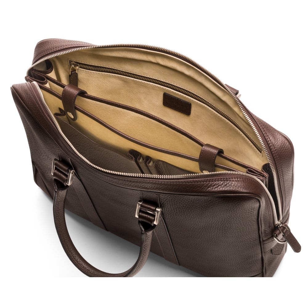 15" leather laptop bag, brown pebble grain, inside