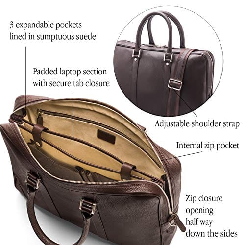 15" leather laptop bag, brown pebble grain, features