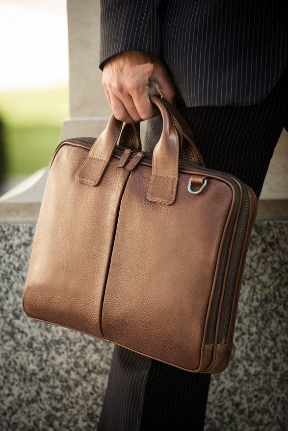 Leather 13" laptop briefcase, brown, lifestyle