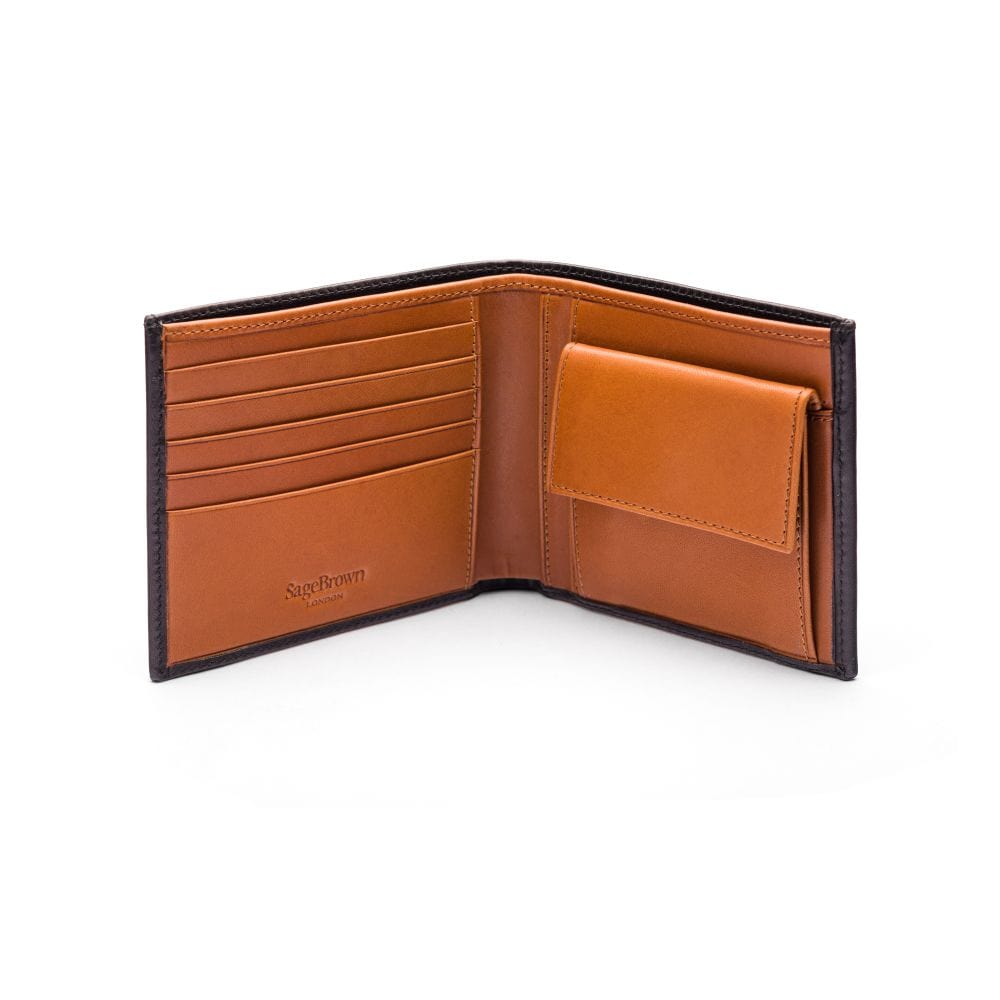 Leather wallet with coin purse, brown with tan, open view