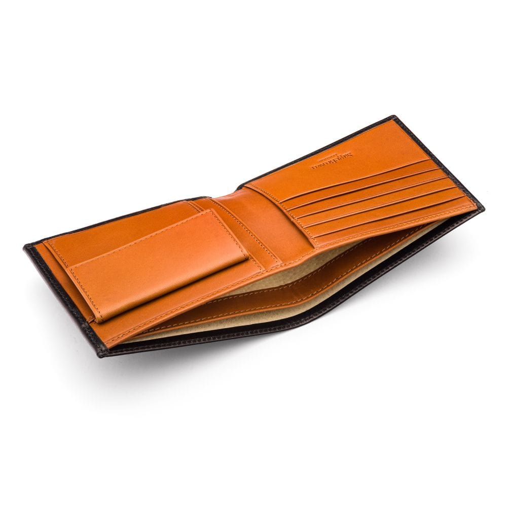 Leather wallet with coin purse, brown with tan, inside