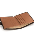 Compact leather billfold wallet with tab, brown with tan, inside