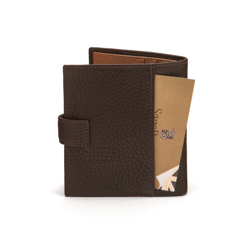 Compact leather billfold wallet with tab, brown with tan, back