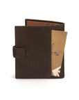 Compact leather billfold wallet with tab, brown with tan, back