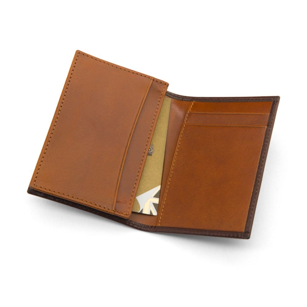 Expandable leather business card case, brown with tan, inside