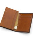 Expandable leather business card case, brown with tan, inside