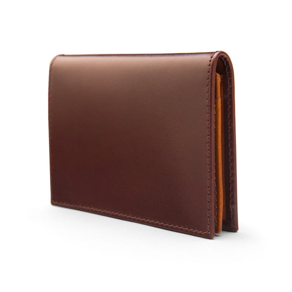 Expandable leather business card case, brown with tan, side