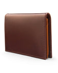 Expandable leather business card case, brown with tan, side