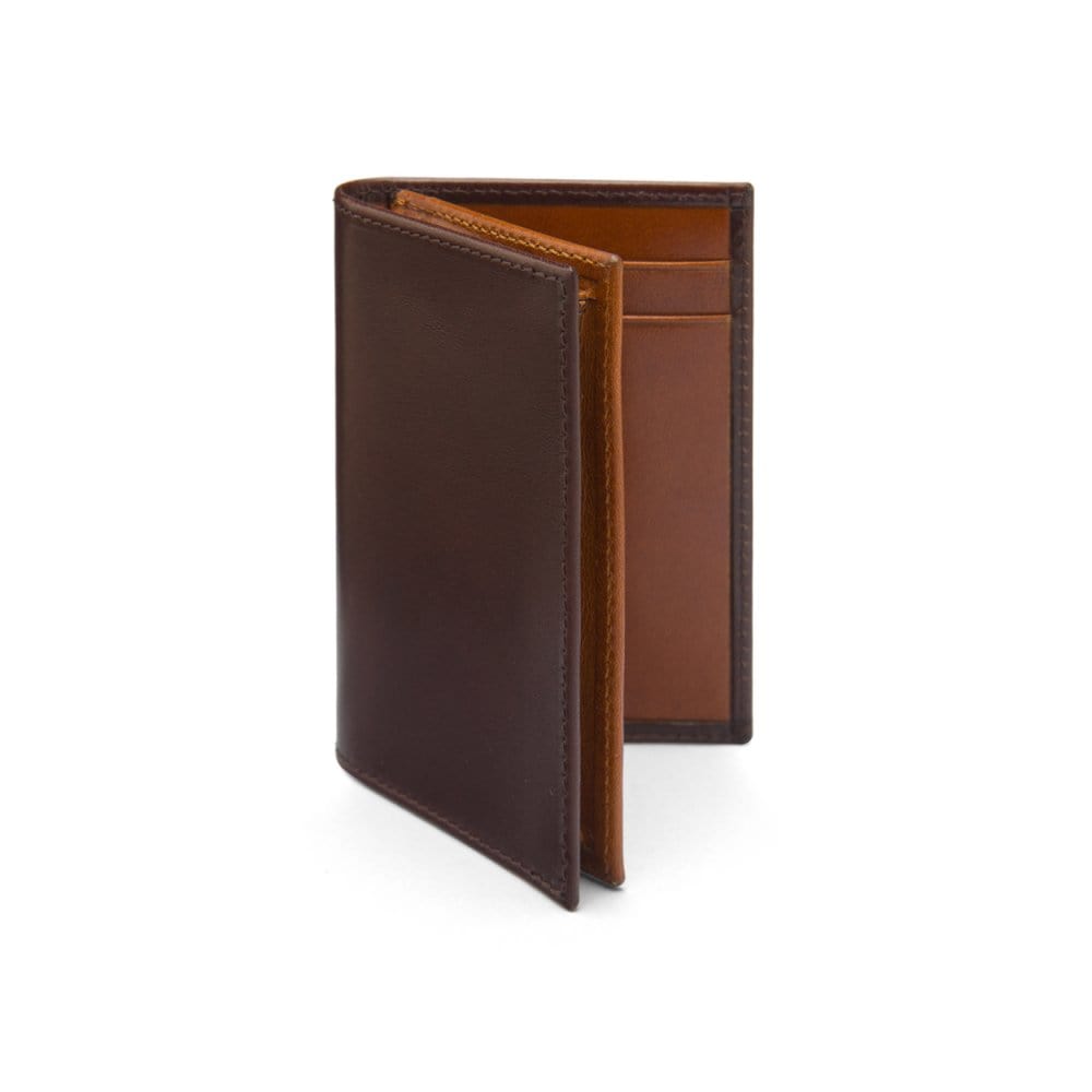 Expandable leather business card case, brown with tan, front