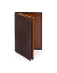 Expandable leather business card case, brown with tan, front