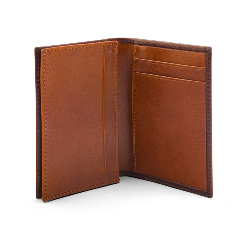 Expandable leather business card case, brown with tan, open