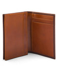 Expandable leather business card case, brown with tan, open